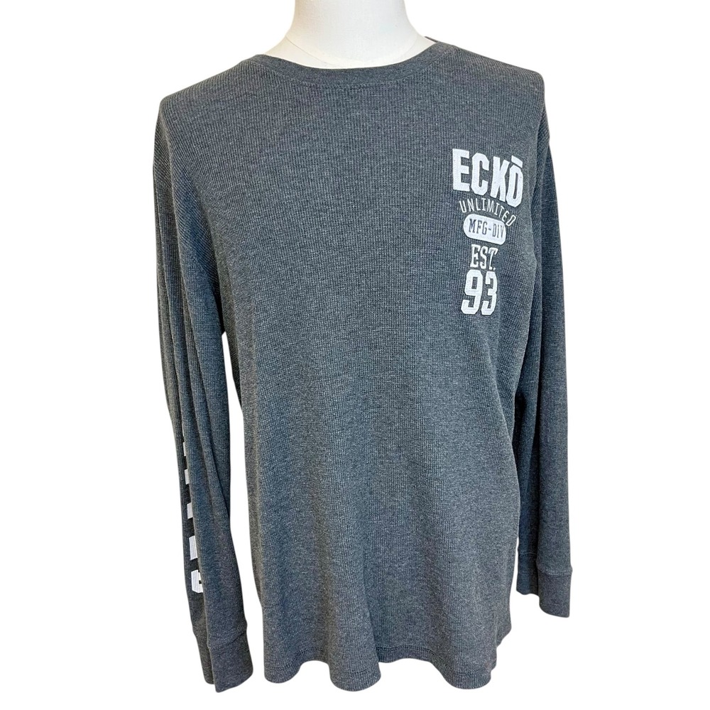 ECKO Unlimited Vintage Y2K‎ Mens XL Long Sleeve Waffle Knit Gray Graphic T-Shirt